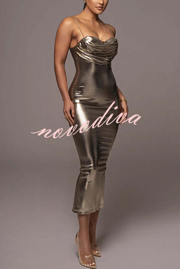 Visions of You Metallic Fabric Cowl Neck Removable Straps Stretch Midi Dress