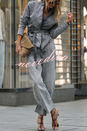 Casual Meetup Denim Stand Neck Long Sleeve Belted Loose Jacket