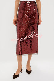 Upper East Chic Sequin Mesh Trim High Rise Slit Pencil Midi Skirt