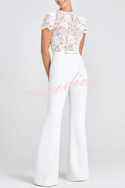 Party Charmer Flower Lace Patchwork Short Sleeve Bow Belted Flare Jumpsuit