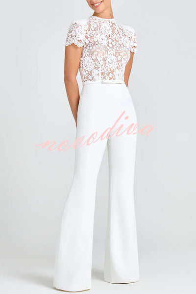 Party Charmer Flower Lace Patchwork Short Sleeve Bow Belted Flare Jumpsuit