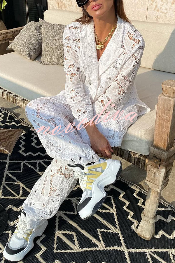 Fashionable Lace Long-sleeved Lapel Loose Top and Casual Hollow Pants Set