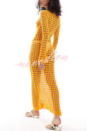 Sunny Beachside Crochet Knit Hollow Out Long Sleeve Cover-up Maxi Dress