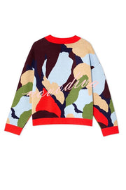 Bright and Bold Knit Abstract Color Blocks Button Long Sleeve Loose Cardigan