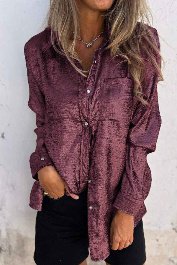 First and Fabulous Metallic Fabric Button Up Long Sleeve Loose Blouse