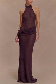 Quiet Confidence Knit Ruched Hip Halter Backless Stretch Maxi Dress