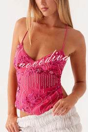 Dazzling Sequin Beaded Material Back Lace-up Loose Tank