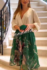 Tessy Batwing Sleeve Top and Floral Elastic Waist Pearls Detail High Low Midi Skirt Set