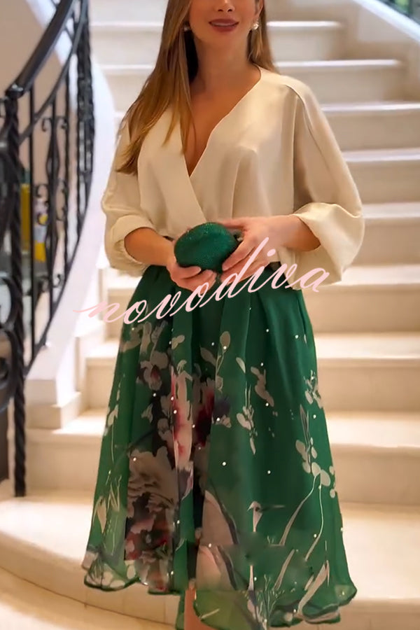 Tessy Batwing Sleeve Top and Floral Elastic Waist Pearls Detail High Low Midi Skirt Set