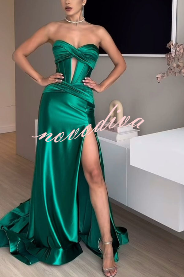 Emiliana Satin Twist Bust Cutout Corset Slit Prom Maxi Dress