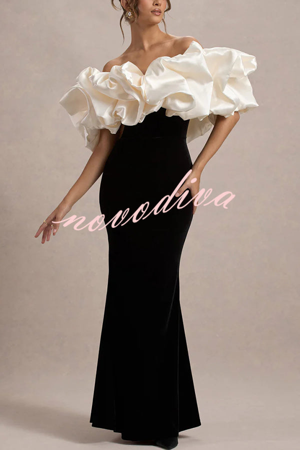 Cecily Velvet Off Shoulder Satin Structured Bardot Neck Stretch Maxi Dress