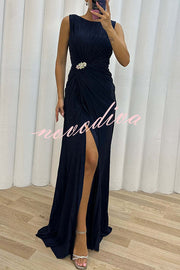 Pretty Special Pleated Embellished Slit Evening Maxi Dress