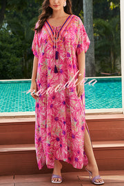 Floral Print V-Neck Lace-Up Loose Holiday Cover-Up Maxi Dress