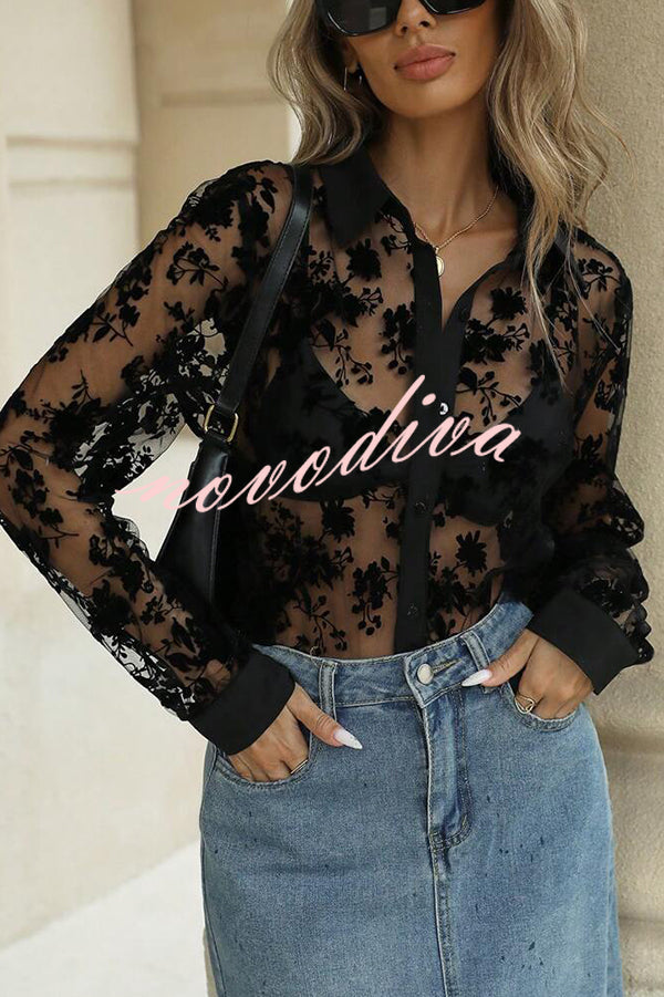 Fashion See-through Plant Lace Long Sleeve Loose Shirt