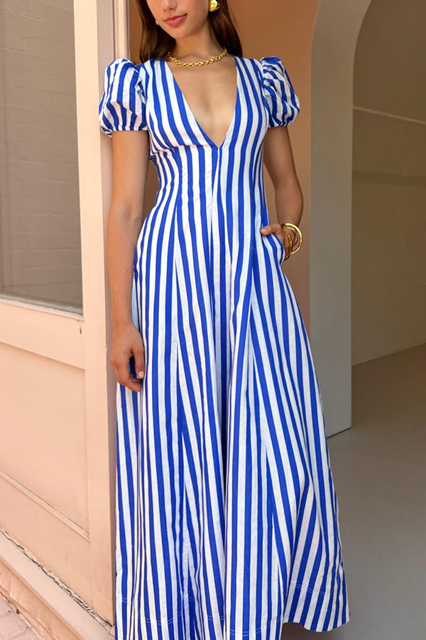 Indulge in Timeless Striped Print Puff Sleeve Pocketed Wavy Maxi Dress