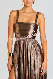 Artistic Quality Metallic Pleated Fabric Removable Straps Slit Maxi Dress