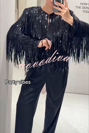 Party Crasher Layered Sequined Tassels Long Sleeve Loose Jacket