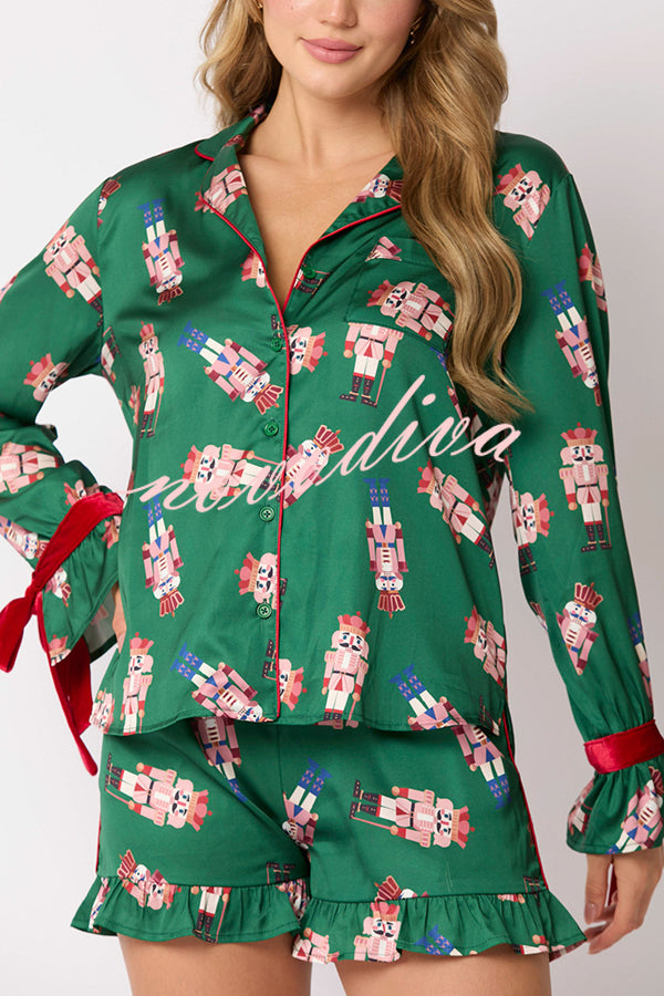 Christmas Fashion Printed Bow Tie Top and Elastic Waist Ruffle Shorts Set