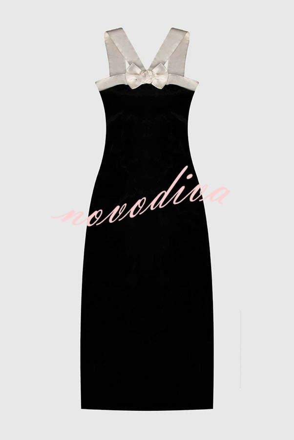 Sociable Elegance Velvet Contrast Bow Shoulder Strap Slit Stretch Midi Dress