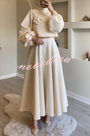 Solid Color Flower-embellished Lantern Sleeve Loose Top and Casual Maxi Skirt Set