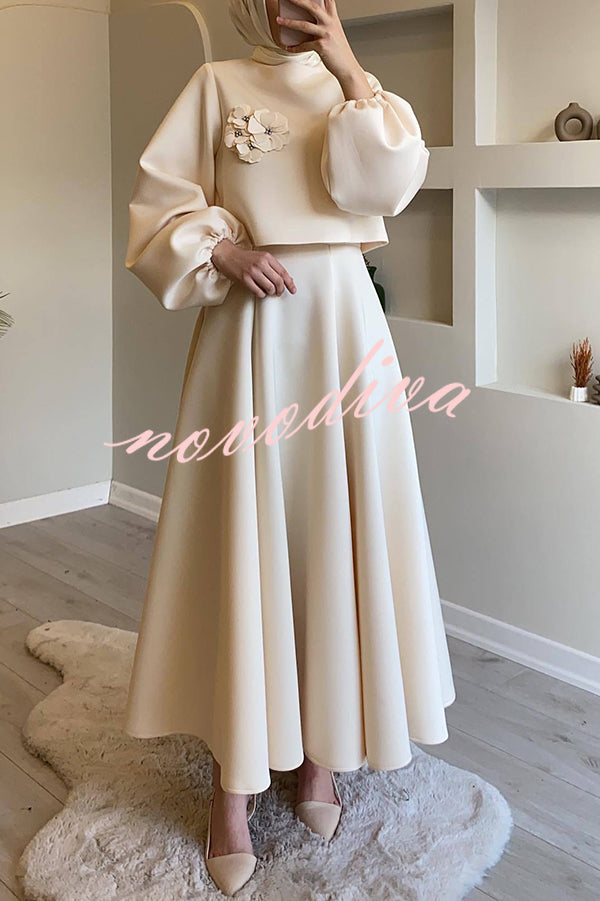 Solid Color Flower-embellished Lantern Sleeve Loose Top and Casual Maxi Skirt Set