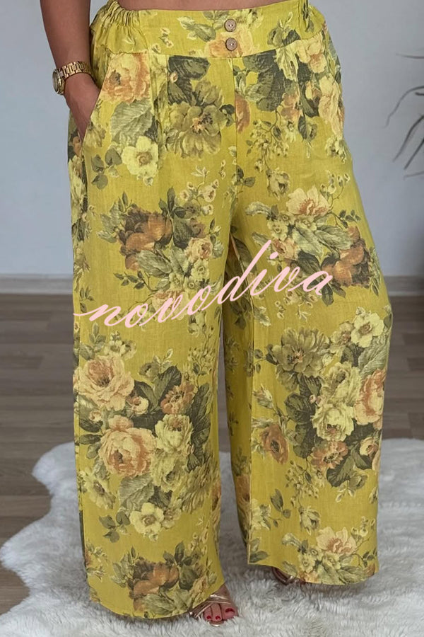 Linen Blend Crew Neck Long Sleeve Irregular Loose Top and Elastic Waist Floral Print Casual Pocket Set