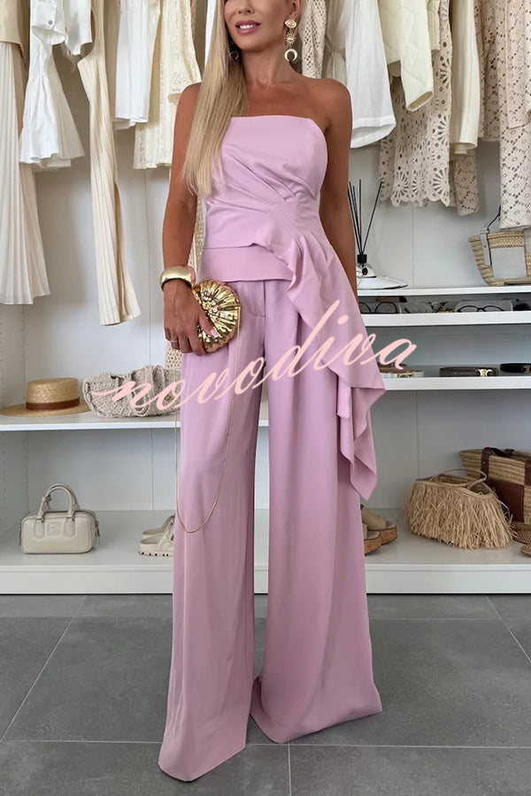 Elegant Solid Color Asymmetric Ruffles Bandeau Top and High Waist Wide Leg Pants Set