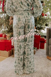 Christmas Night Satin Loose Shirt and Elastic Waist Pocketed Pajama Set