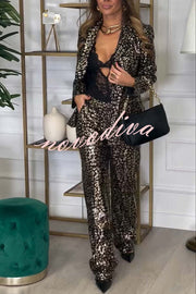 Mona Leopard Metallic Fabric Lapel Boyfriend Blazer and Elastic Waist Pocketed Loose Pants Set