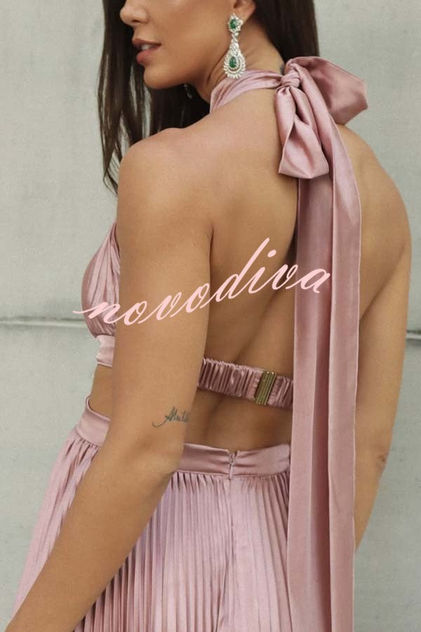 Stunning Choice Satin Pleated Halter High Neck Cutout Waist Backless Maxi Dress