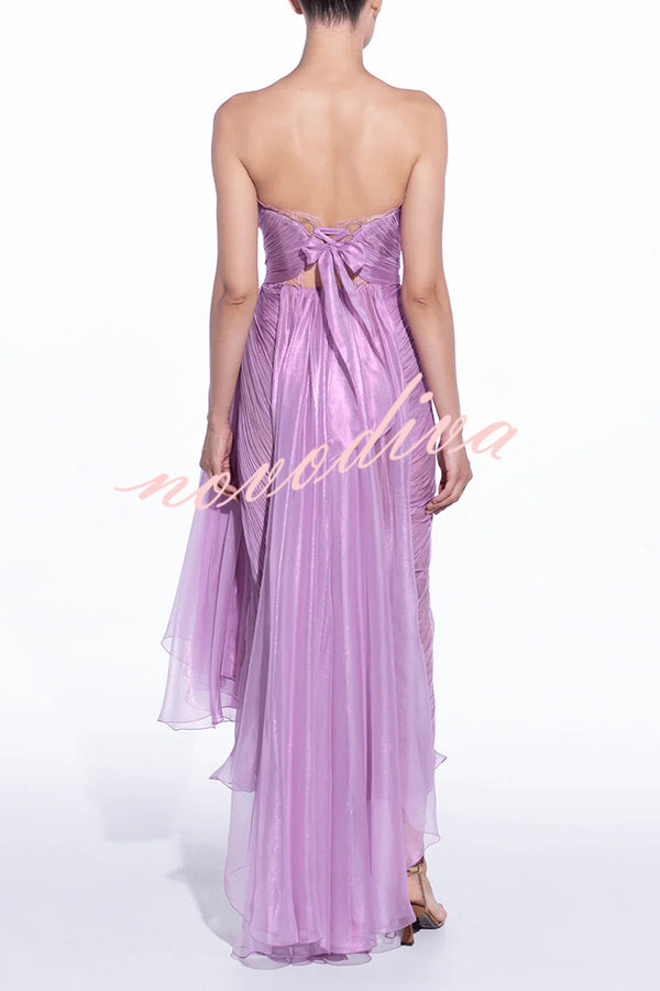 Julie Tulle Lace Trim Off Shoulder Ruched Back Lace-up Drape Slit Maxi Dress