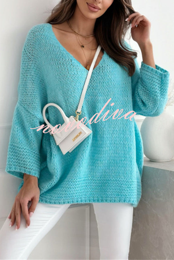 Solid Color Loose V-neck Casual Knitted Sweater