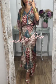 Harlen Satin Unique Printed Loose Shirt Top and Elastic Waist Maxi Skirt Set