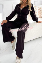 Solid Color Hooded Zip-up Jacket and Elastic Waist Pocket Wide-leg Pants Set