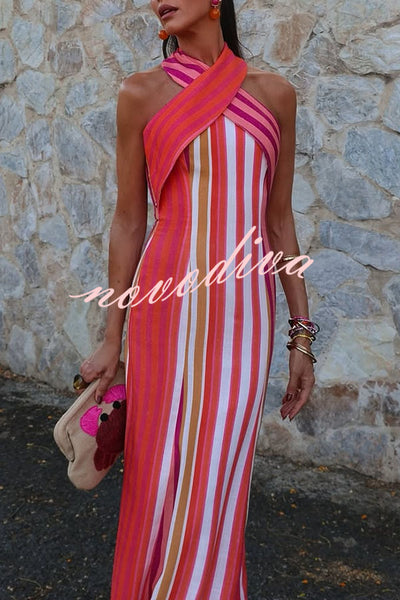 Sunset Breeze Linen Blend Colorful Stripes Cross Halter Flare Maxi Dress