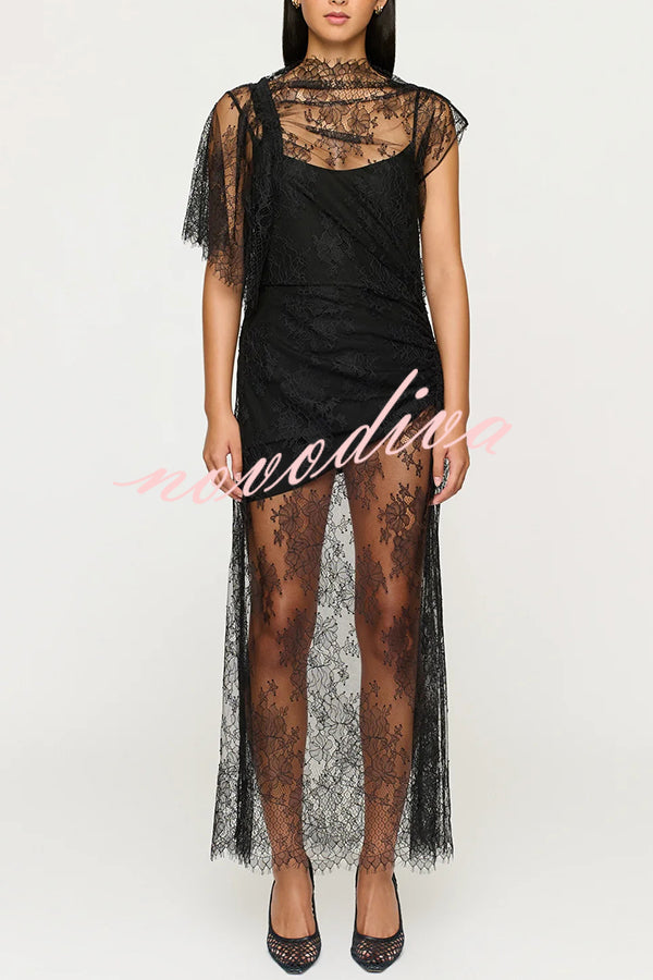 Romantic Statement Lace One Shoulder Bell Sleeve Asymmetrical Maxi Dress