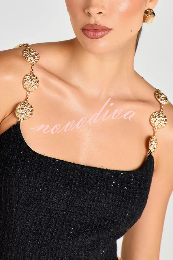 Timeless Exquisite Tweed Fabric Metal Coin Chain Detail Slip Mini Dress