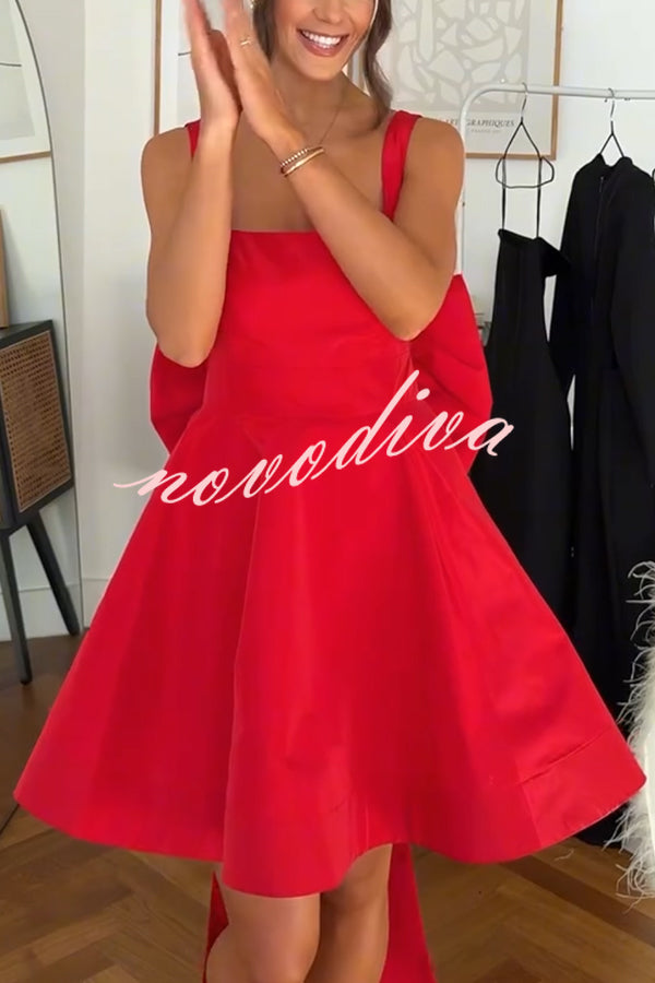 Red Drama Taffeta Square Neck Back Oversized Bow Pocket Mini Dress
