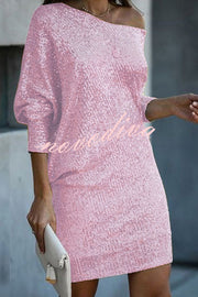 Solid Sequined Off-shoulder Loose Mini Dress