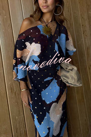 Mara Pleated Fabric Metallic Speckled Color Block Print One Shoulder Maxi Dress
