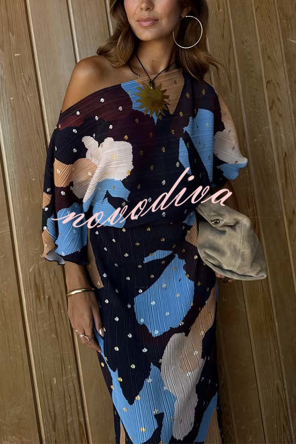 Mara Pleated Fabric Metallic Speckled Color Block Print One Shoulder Maxi Dress