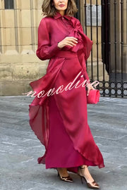 Lily Chiffon Bow Detail Puff Sleeve Blouse and Elegant Layered Maxi Skirt Set