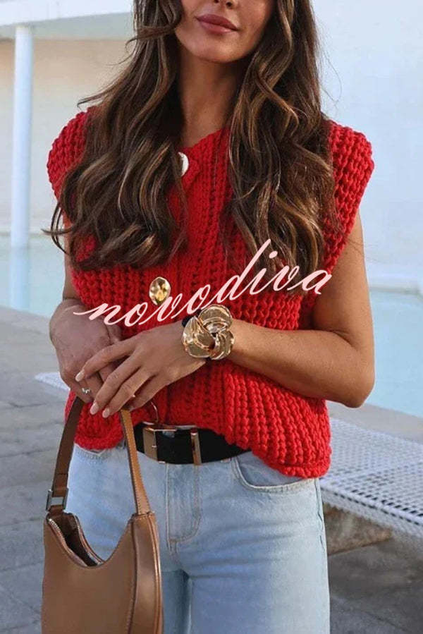 Solid Color Sleeveless Pocket Knitted Vest