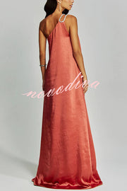 Charming Glance Satin Metal Hardware One Shoulder Loose Maxi Dress