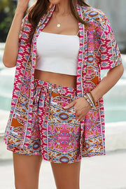 Unique Print Vacation Short-sleeved Cardigan Top and Elastic Waist Pocket Shorts Set