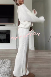 Autumn Travel Knit Cable Long Sleeve Sweater and Elastic High Waist Wide Leg Pants Set