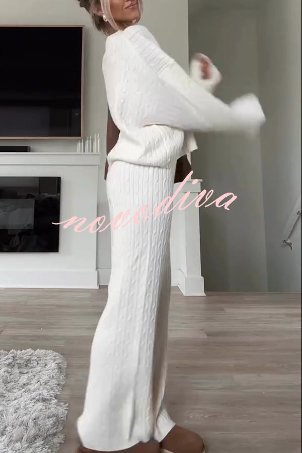 Autumn Travel Knit Cable Long Sleeve Sweater and Elastic High Waist Wide Leg Pants Set