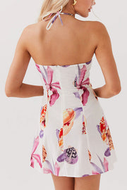 Seaside Bouquet Linen Blend Shells Unique Print Halter Mini Dress