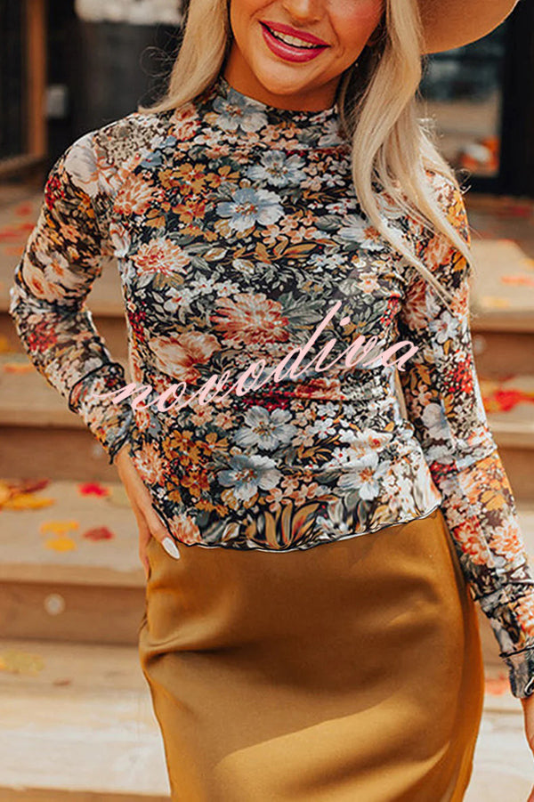 Floral Print Turtleneck Long Sleeve Stretch Bottoming Shirt