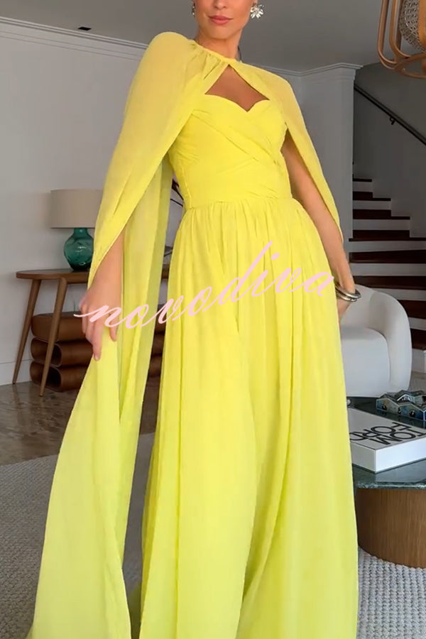 Romantic Party Chiffon Off Shoulder Sweetheart Neck Ruched Cape Maxi Dress
